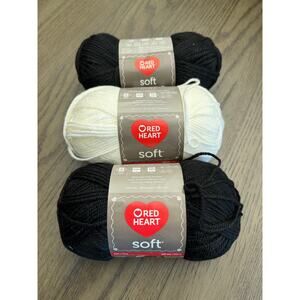 Red Heart Soft Yarn Lot 3 Skeins Black White Acrylic Mix 4 & 5 Weight